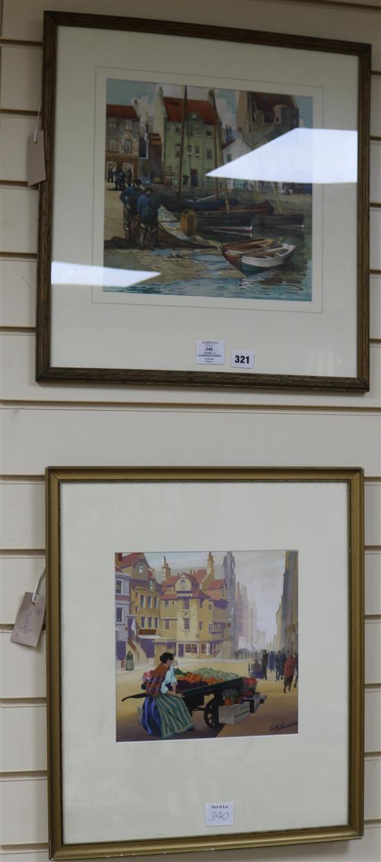 Walter M. Cuthill (fl. 1929-1946), gouache, Newhaven Harbour, Edinburgh and another, approx 29 x 30cm (largest)